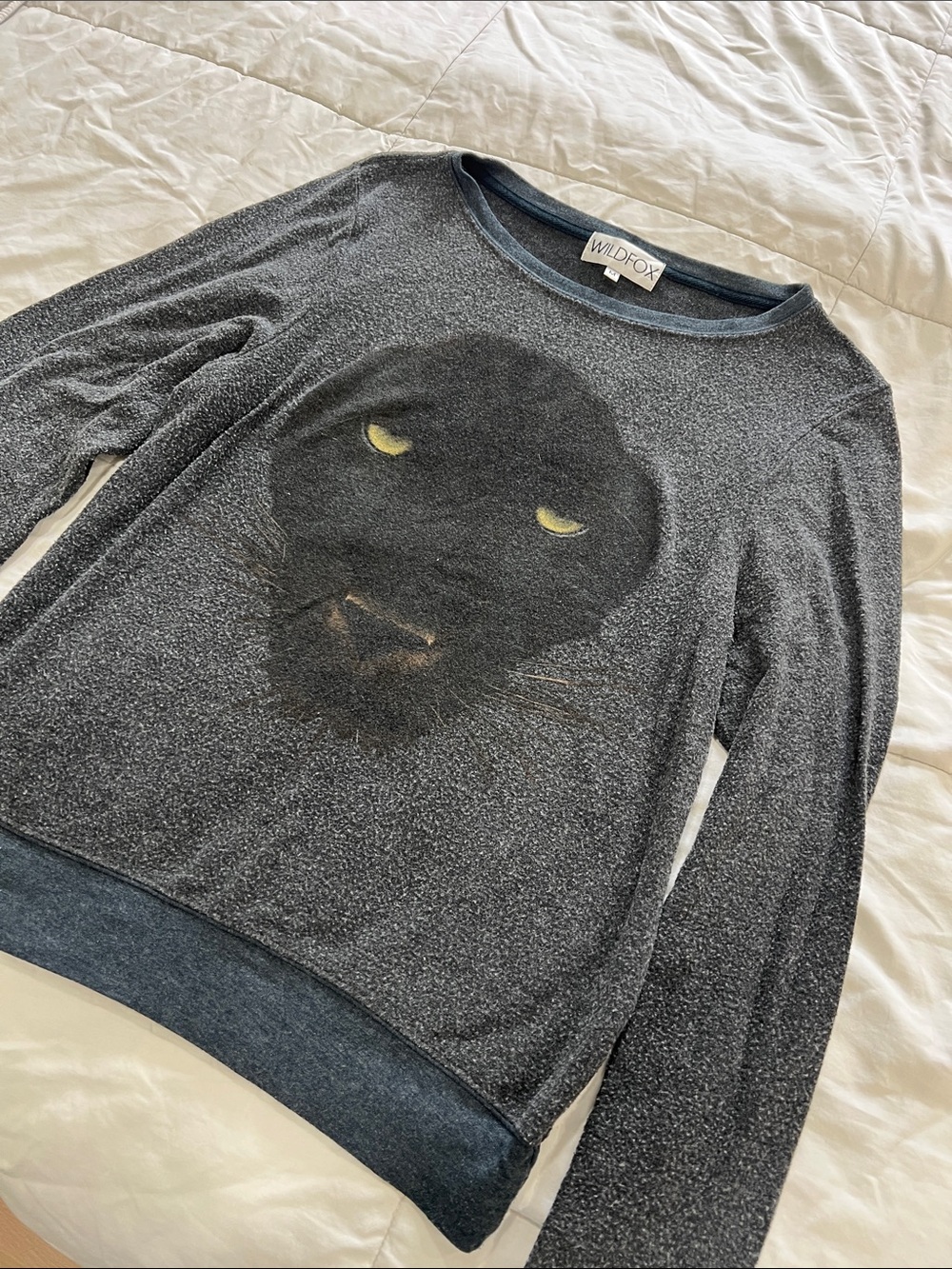 Wildfox Gray Sweater with Black Cat Face and Yellow Eyes